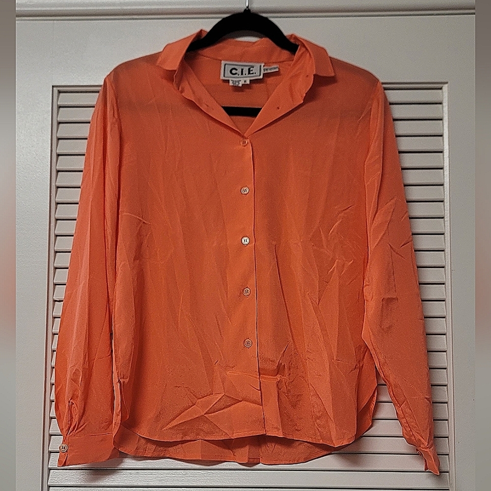 C.I.E. - Vintage Sheer Lightweight Orange Long-Sleeve Button Top